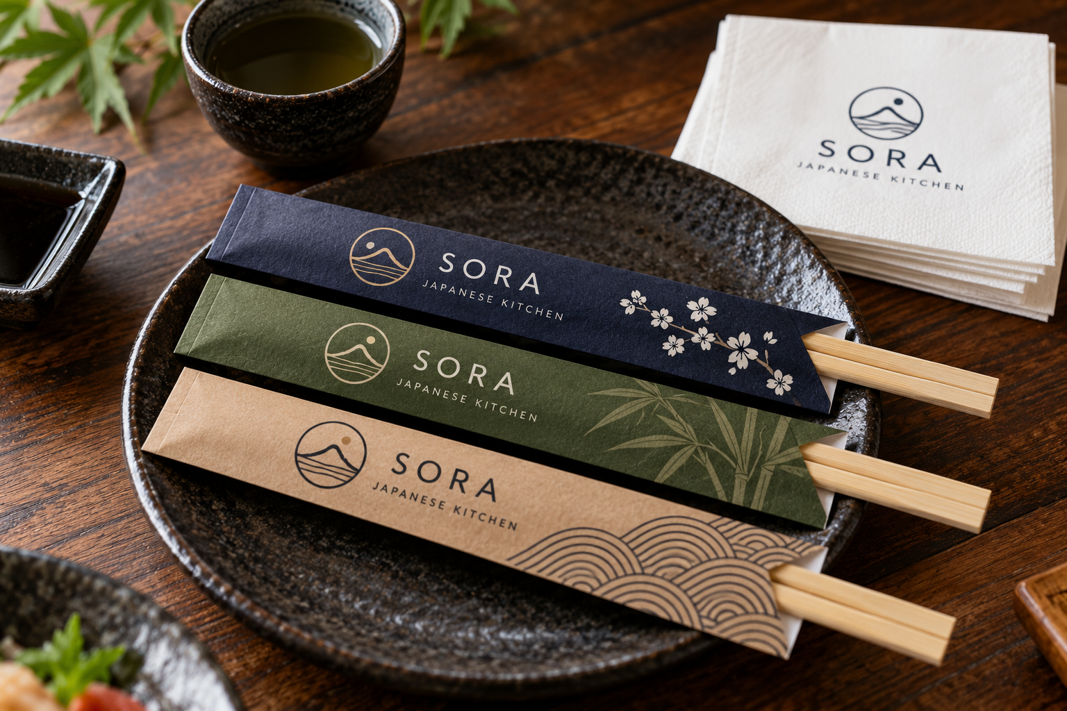 Custom branded chopsticks and paper sleeves for restaurant tables