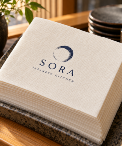 Illustrative custom restaurant branding on disposable paper napkins