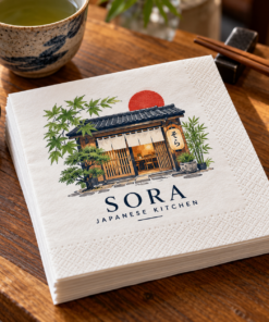 Illustrative custom restaurant branding on disposable paper napkins