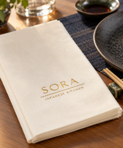 Illustrative custom restaurant branding on disposable paper napkins