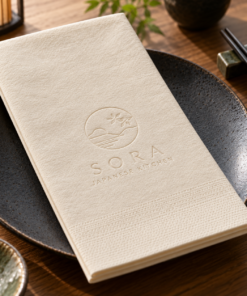 Illustrative custom restaurant branding on disposable paper napkins