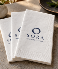 Illustrative custom restaurant branding on disposable paper napkins