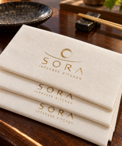 Illustrative custom restaurant branding on disposable paper napkins