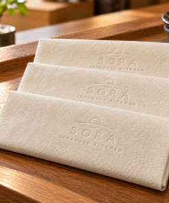 Illustrative custom restaurant branding on disposable paper napkins