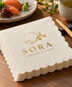 Illustrative custom restaurant branding on disposable paper napkins