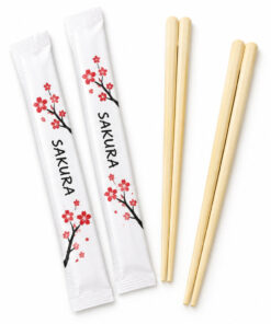 Bamboo Twin Chopsticks with Custom Sleeves - reference-based disposable bamboo shape with illustrative custom sleeves