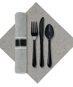 7.5 in x 4.25 in Pre-rolled Linen-Like Natural CaterWrap Gray Onyx Dinner Napkins with Black Cutlery 100 ct.