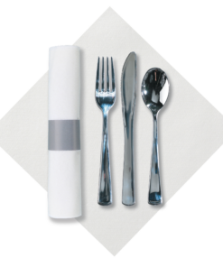 8 in x 8.5 in Pre-Rolled Linen-Like CaterWrap White Dinner Napkins with Metallic Cutlery 100 ct.