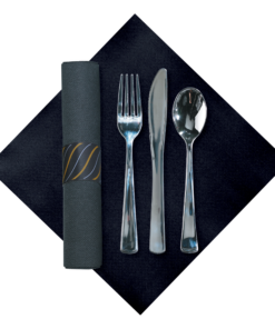 7.75 in x 7.75 in Pre-rolled CaterWrap Black FashnPoint Dinner Napkins with Metallic Cutlery 100 ct.