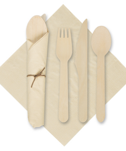 6 in x 6 in Pre-rolled Tissue CaterWrap Kraft Napkins with Wood Cutlery 100 ct.